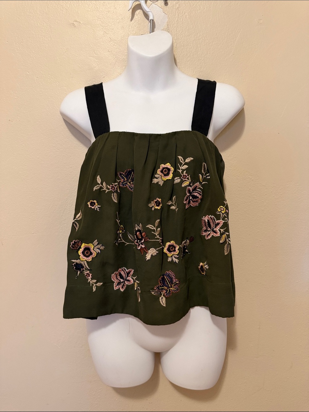 Embroidered Olive Green Floral Tank Top with Black Straps